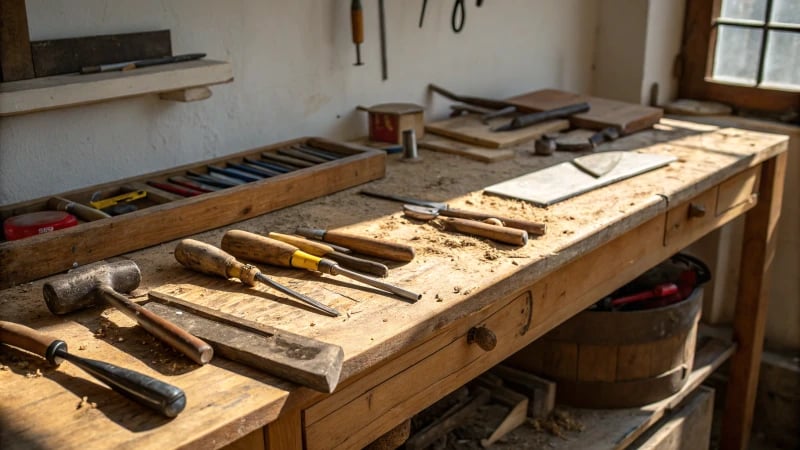 A wooden workbench with various cutting tools