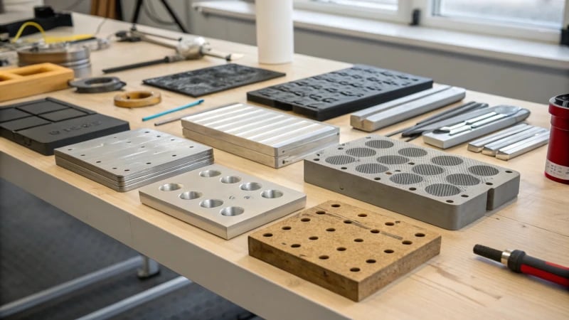 A well-organized workbench with various mold materials.