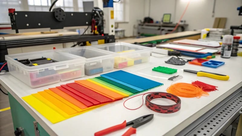 A well-organized workbench filled with colorful prototyping materials and tools.