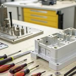 A workshop scene with an injection molded plastic part and various tools