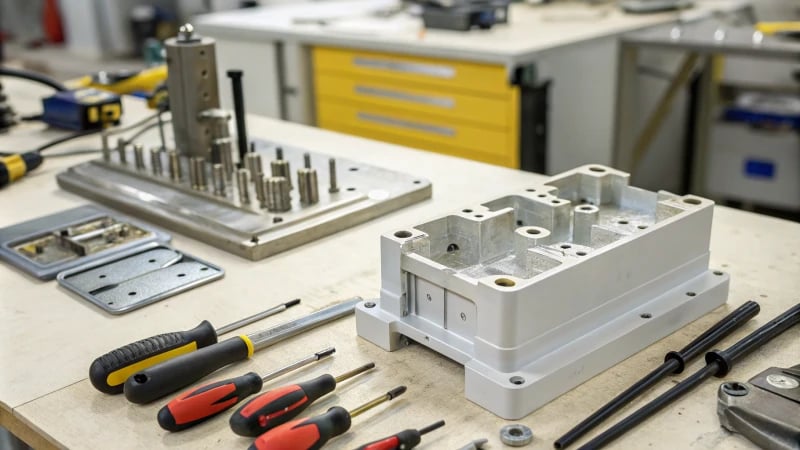 Workshop Scene with Plastic Part A workshop scene with an injection molded plastic part and various tools