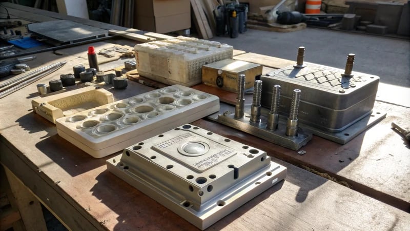 Plastic molds on a workbench in a manufacturing facility