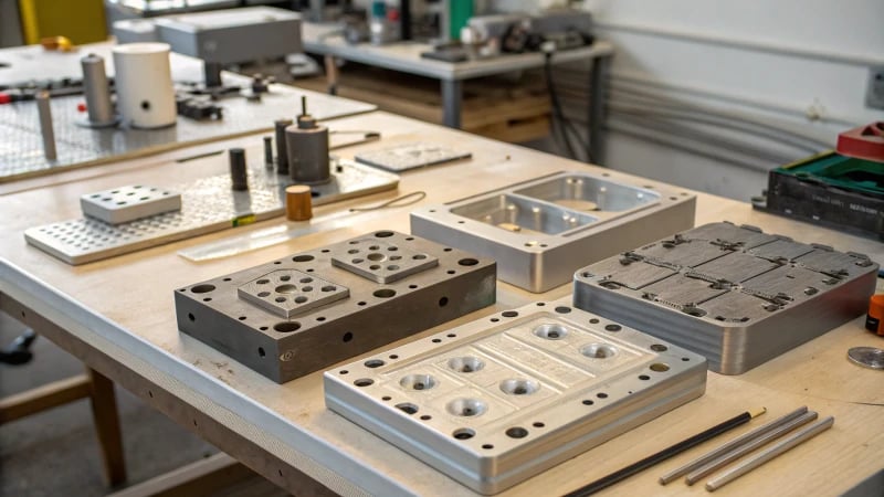 Close-up of various plastic molds on a workbench