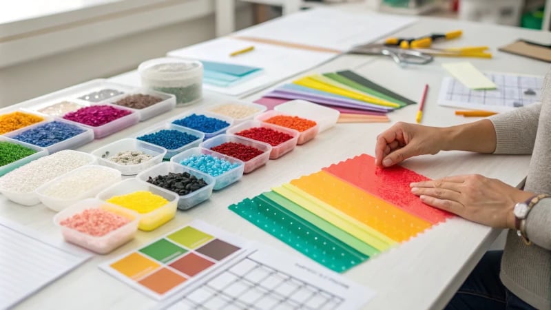 A workshop table with plastic samples and tools.