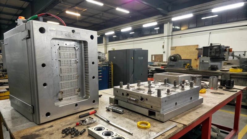 A workshop scene with two distinct molds on a workbench, one large and robust, the other small and intricate.