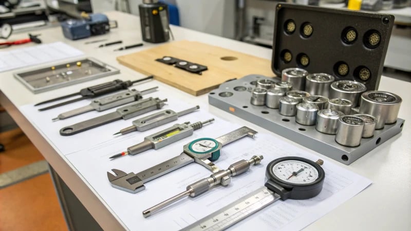 A workshop table with precision measuring instruments and a mold component in the background.