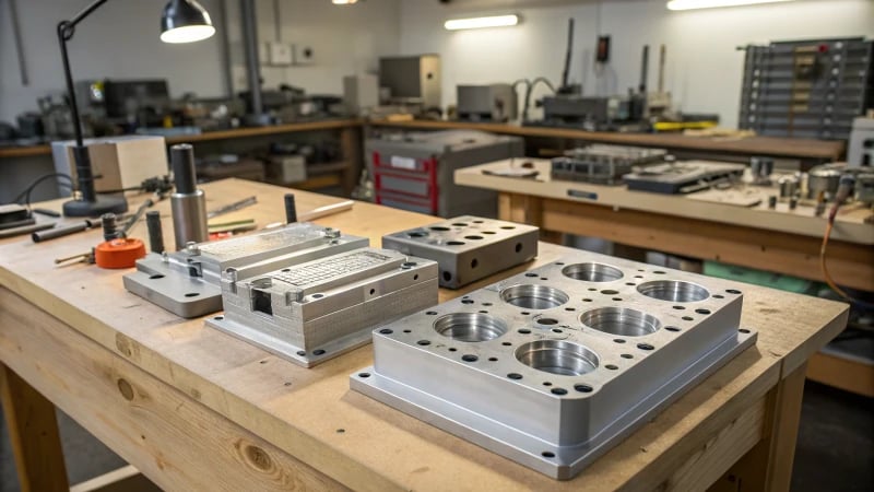 A workspace showcasing various mold designs on a workbench