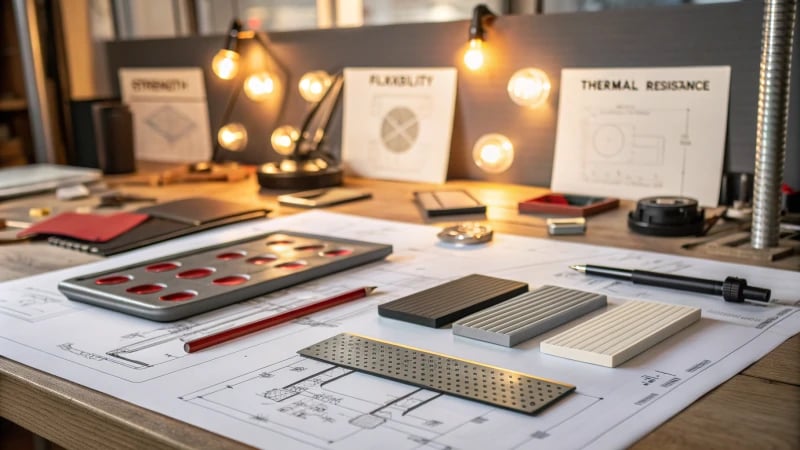 A workspace showcasing various materials used in product design on a blueprint.