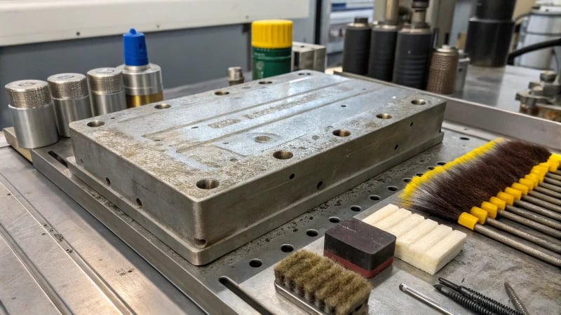 Close-up of a worn manufacturing mold with maintenance tools
