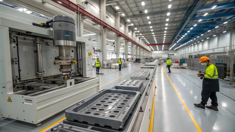 Photorealistic image of an advanced injection molding machine in operation