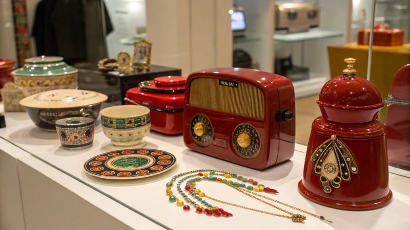 A collection of Bakelite objects on a display table