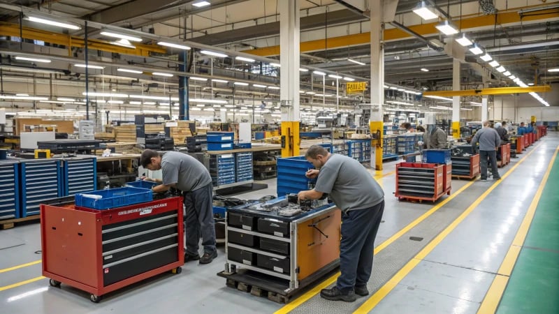 Workers assembling toolboxes in a busy factory