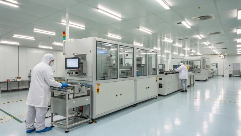 A clean room facility for injection molding with technicians at work