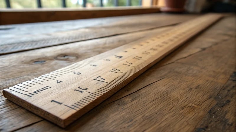 Close-up of a polished ruler on a wooden table