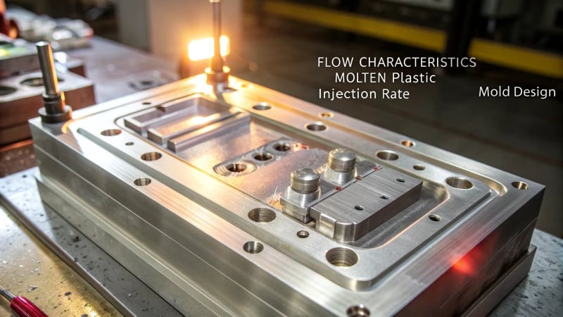 Close-up of a complex injection mold with annotations