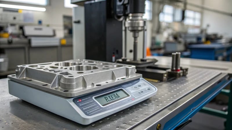 Close-up of a lightweight injection-molded part on a digital scale in a factory setting