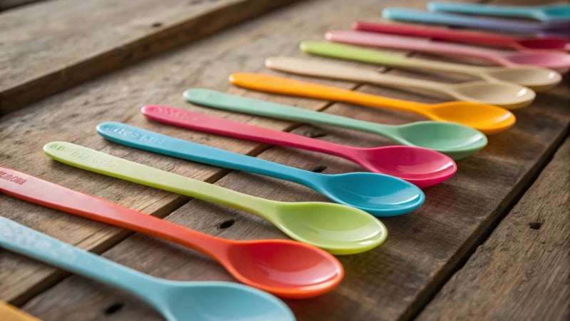 A collection of colorful plastic spoons on a rustic wooden table