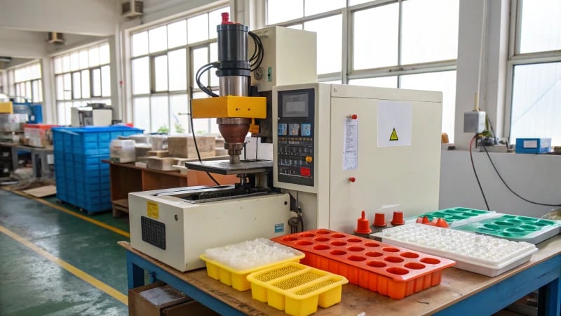 Compact desktop injection molding machine in a workshop