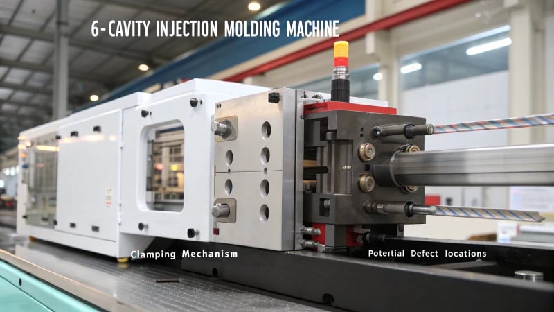 Technical illustration of a 6-cavity injection molding setup