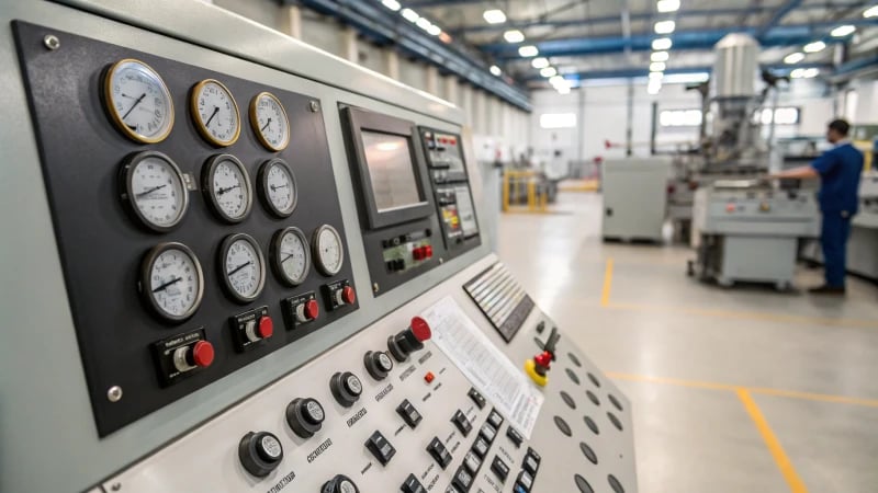 Close-up of a high-tech industrial machine's control panel