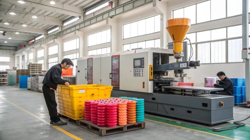 A large industrial injection molding machine in a factory