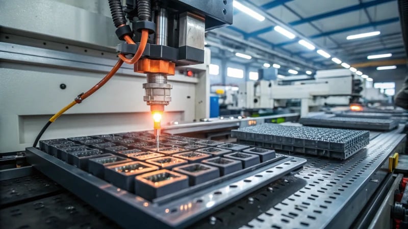 A high-tech injection molding machine in a factory injecting molten plastic into molds.