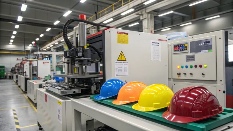 A modern injection molding machine producing helmets in a factory.