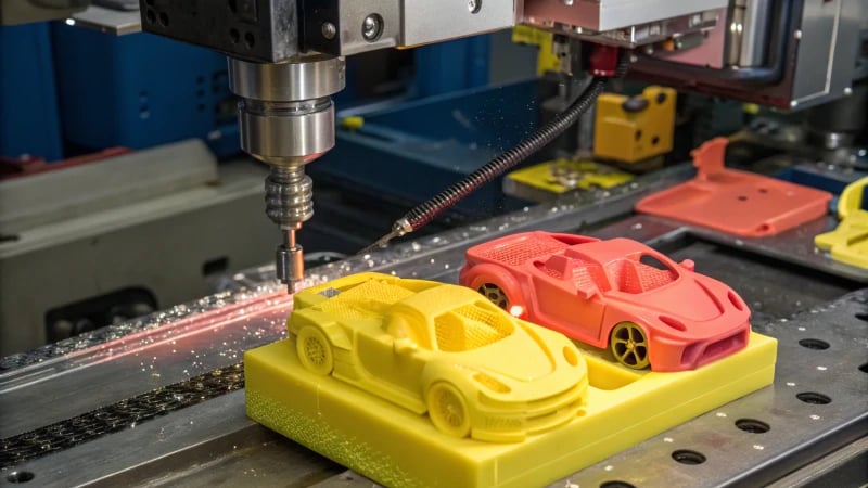 Close-up of a high-tech injection molding machine producing toy cars