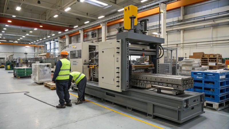 Large industrial injection molding machine in a factory