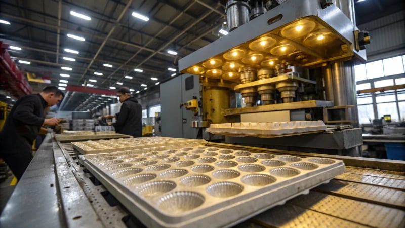 Industrial injection molding machine producing egg trays in a factory setting.