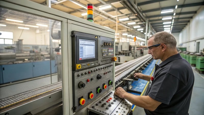 Close-up of an industrial injection molding machine's control panel