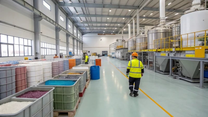 Workers monitoring machinery in a PVC processing plant