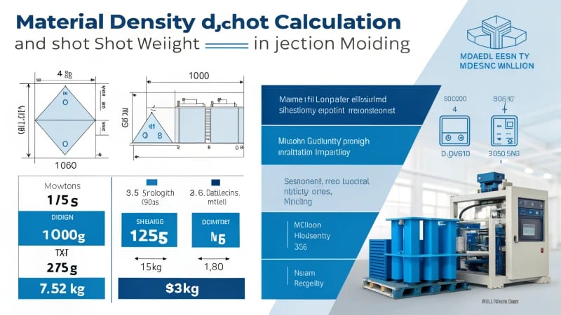 Infographic showing the relationship between material density and shot weight in injection molding.