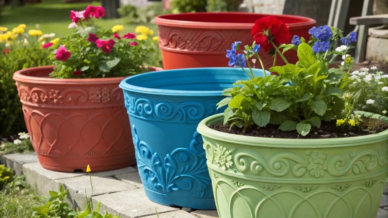 A variety of colorful injection molded flower pots in a garden setting.