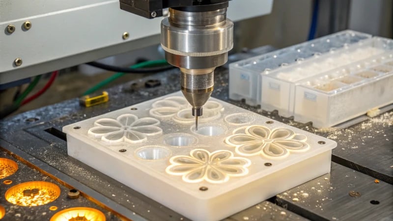 Close-up of an injection molding machine injecting molten plastic into a flower-shaped mold