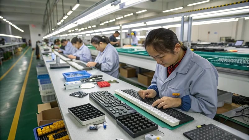 Workers assembling keyboards on an assembly line