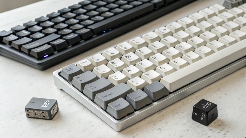 Close-up of keyboard components including keycaps and base