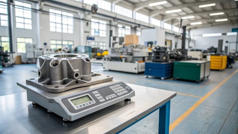 A lightweight industrial part on a digital scale in a modern manufacturing facility