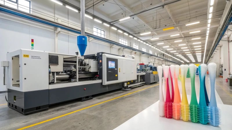 High-tech injection molding machine producing toothbrushes in a factory