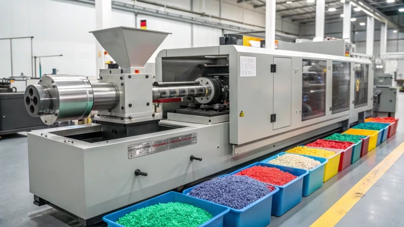 A large industrial Bakelite injection molding machine in a factory setting.