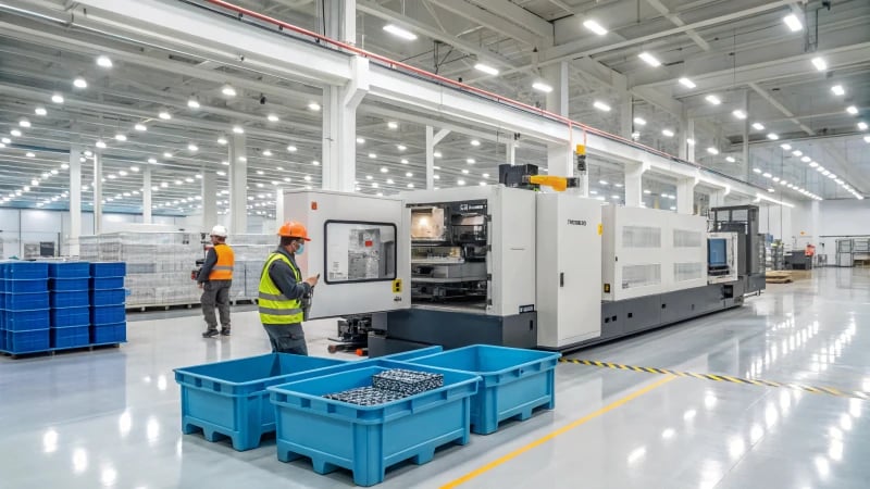 A modern injection molding factory with workers and machinery