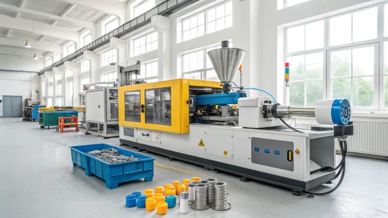 Modern injection molding machine in an industrial setting