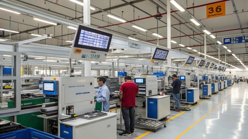 A busy modern manufacturing facility with advanced machinery and workers