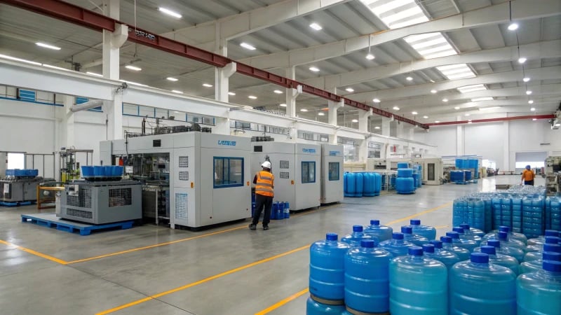 A bright and organized modern manufacturing facility for plastic water tanks