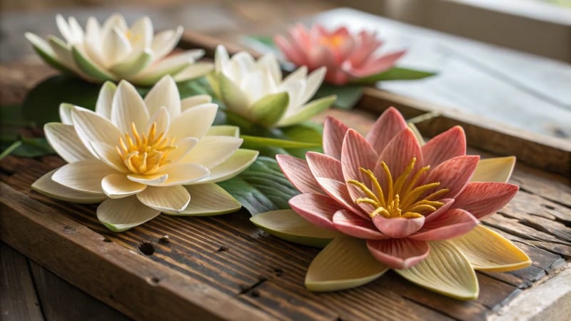 Close-up of realistic plastic flowers on wooden surface