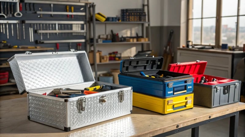 A well-lit workshop showcasing three different toolboxes made from steel, aluminum, and plastic.